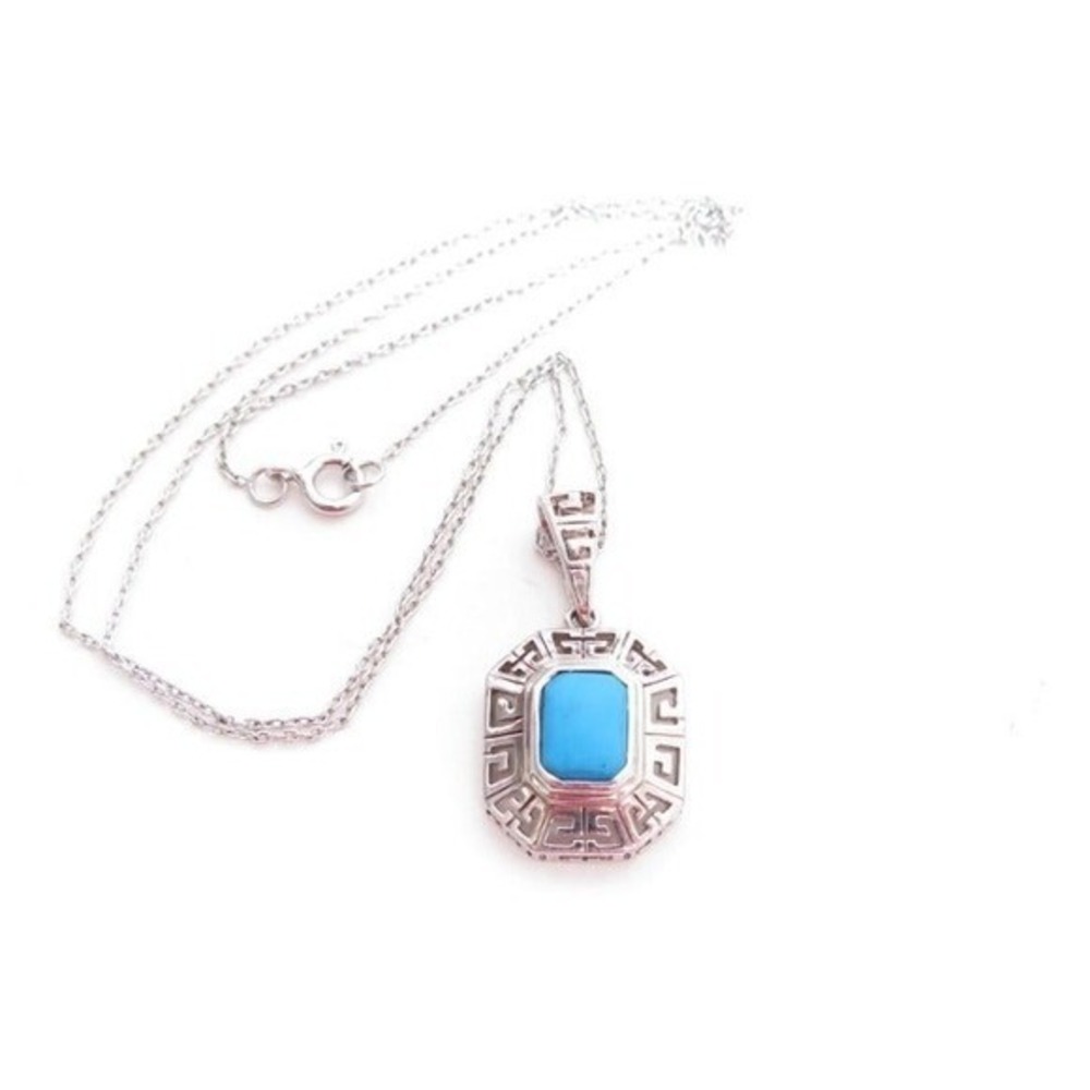 Sterling Silver Turquoise Greek Key Pendant Necklace 925 Thailand Blue Stone